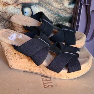 XOXO Black and Tan Wedge Sandals